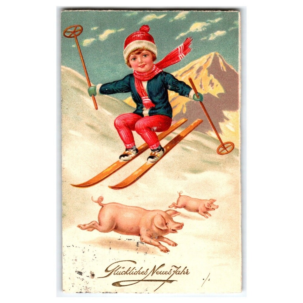 Vintage 1932 New Year Skiing Boy & Lucky Pigs Postcard Austria Wien